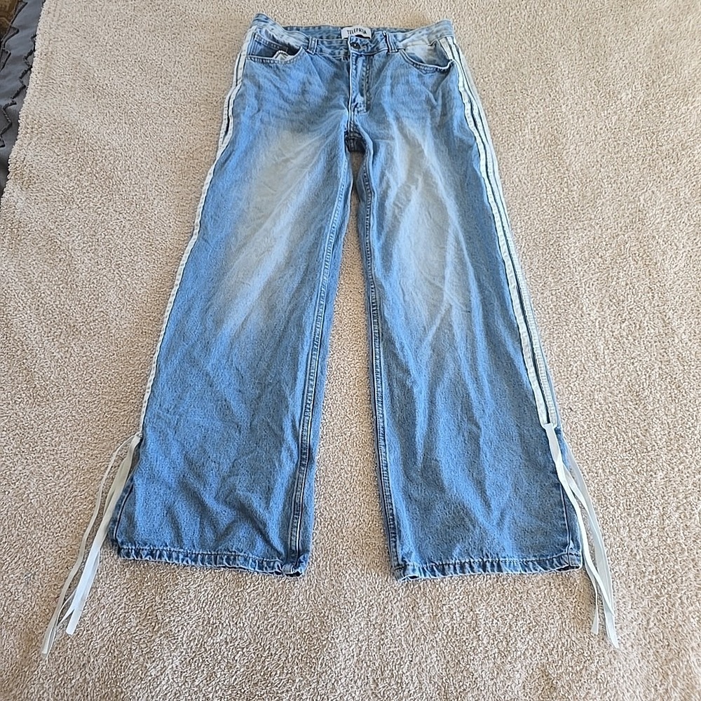 Telepatia Wide Leg Double Stripe Ankle Tie Streetwear Denim Jeans Juniors 11/30